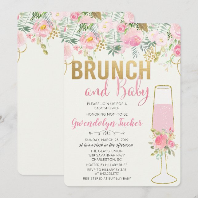 Brunch och bubbel Baby Shower-inbjudan Inbjudningar (Fram/baksida)