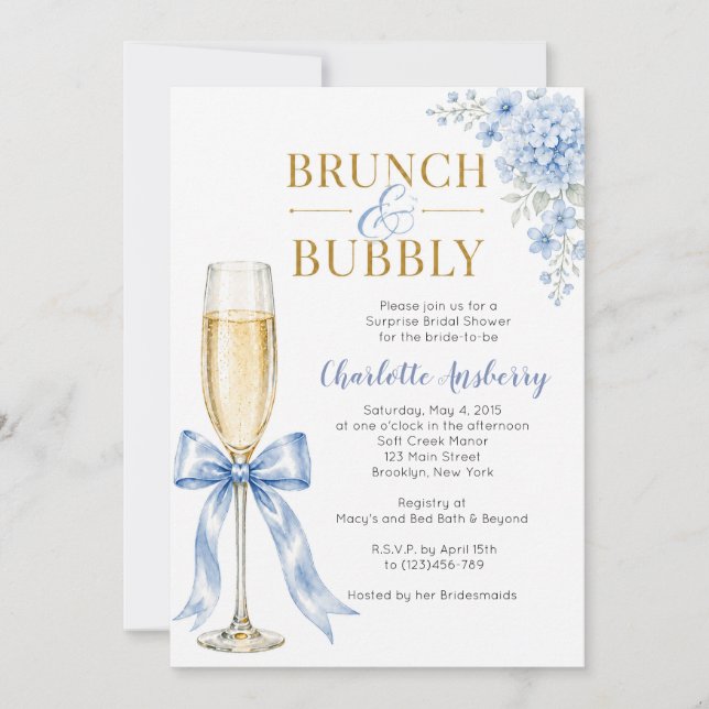 Brunch och bubbel Blå Bow Bröllopsfest Inbjudningar (Framsida)