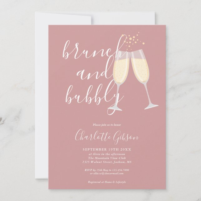 Brunch och bubbel QR-kod dammig rosa bröllopsdusch Inbjudningar (Framsida)