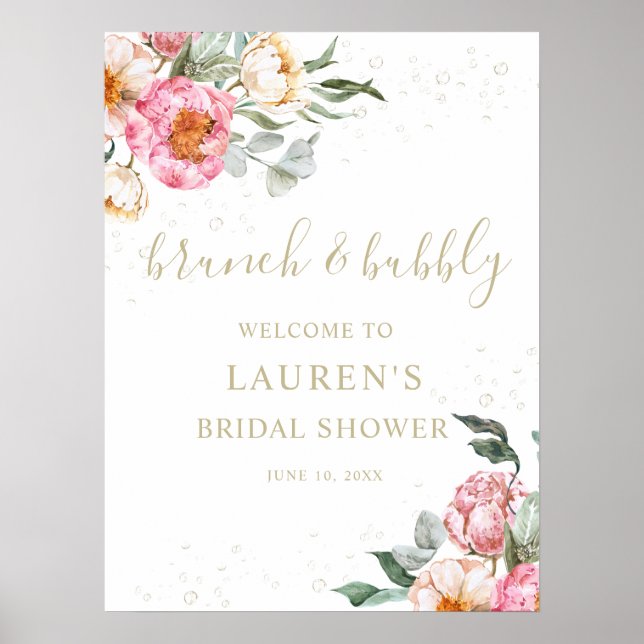 Brunch och bubbel Rosa Blommig Bröllopsduschskylt Poster (Framsidan)