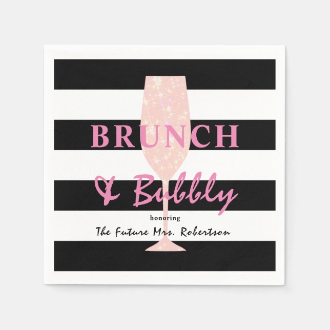 Brunch och bubbel Svart och vit rand | Rosa Pappersservett (Framsidan)