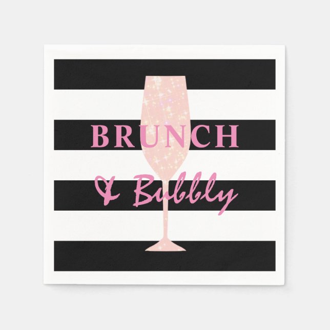 Brunch och bubbel Svart och vit rand | Rosa Pappersservett (Framsidan)