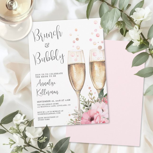 Brunch och bubbel Vardaglig Bröllopsdusch Inbjudningar (Brunch And Bubbly Floral Bridal Shower Invitation)