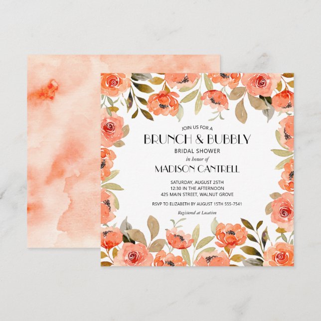 Brunch och bubbel Vattenfärg Blommig Bröllopsfest Inbjudningar (Fram/baksida)