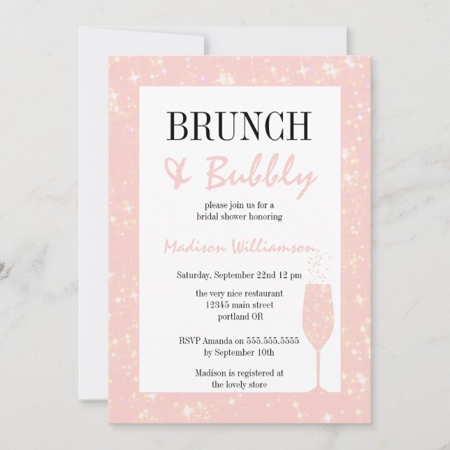 Brunch och bubblig rosa glitter champagneglas inbjudningar (Framsida)