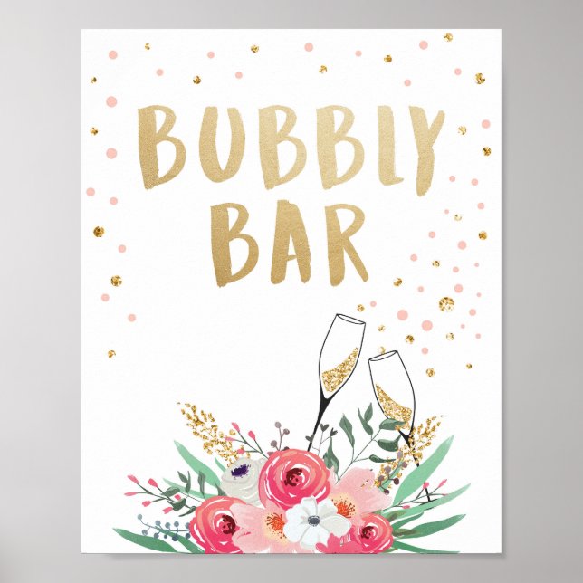 Brunch och Bubbly Bar Blommig Bröllopsbordsskylt Poster (Framsidan)