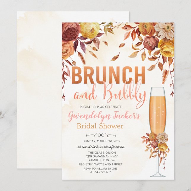 Brunch och Bubbly Bröllopsdusch Inbjudan (Fram/baksida)