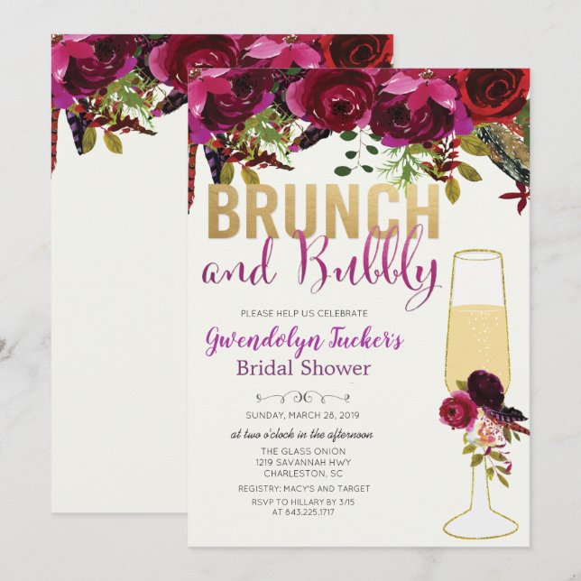 Brunch och Bubbly Bröllopsdusch Inbjudan (Fram/baksida)