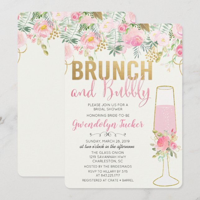 Brunch och Bubbly Bröllopsdusch Inbjudan (Fram/baksida)