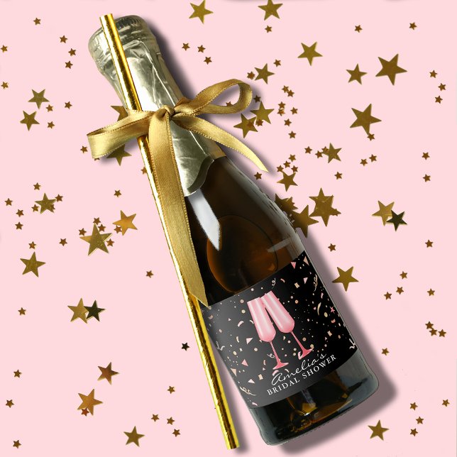 Brunch och Bubbly Bröllopsfest Svart Mini (Brunch and Bubbly bridal shower black mini champagne bottle labels to serve or give as favors)