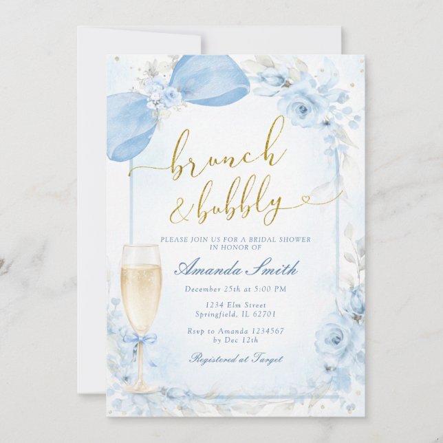 Brunch och Bubbly Champagne Blå Bröllopsdusch Inbjudningar (Framsida)