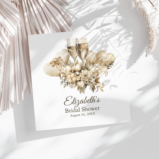 Brunch och Bubbly Champagne Blommor Bröllopsfest Pappersservett (Brunch and Bubbly Champagne Flowers Bridal Shower Napkins on a sunny white table.)