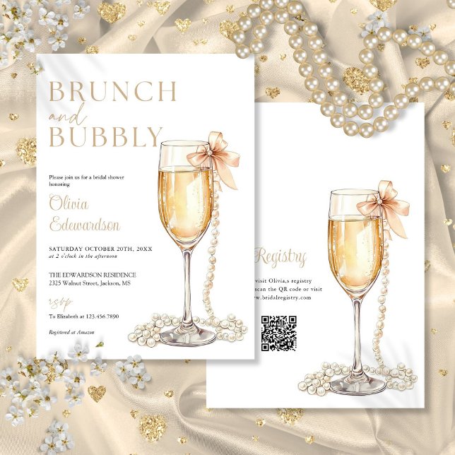 Brunch och Bubbly Champagne QR-kod Bröllopsfest Inbjudningar (Brunch And Bubbly Champagne QR Code Bridal Shower Invitation)