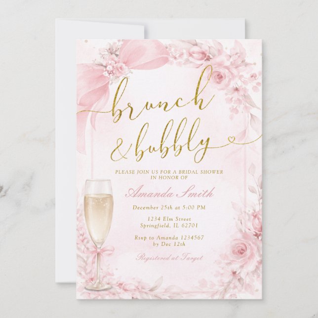 Brunch och Bubbly Champagne Rosa Bröllopsfest Inbjudningar (Framsida)
