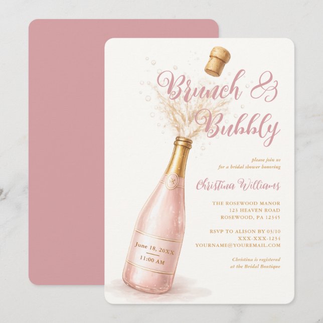 Brunch och Bubbly Rosa Champagne Bröllopsdusch Inbjudningar (Fram/baksida)