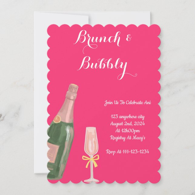 BRUNCH OCH BUBBLY ROSA INBJUDNINGSKORT FÖR MÖHIPPA (Framsida)