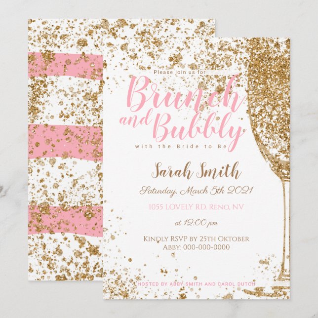 Brunch och Bubbly rosa randiga glitter Inbjudningar (Fram/baksida)