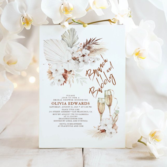 Brunch och Bubly Boho Pampas Grass Möhippa Inbjudningar (Brunch and Bubbly Boho Bridal Shower Invitations)
