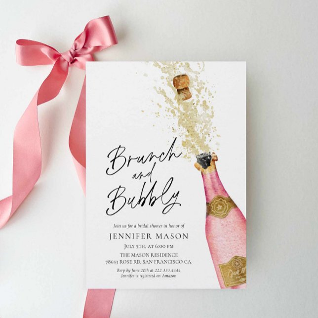 Brunch och BubLY Champagne-Möhippa Invati Inbjudningar (Pink Brunch and Bubbly Bridal Shower Invitation)