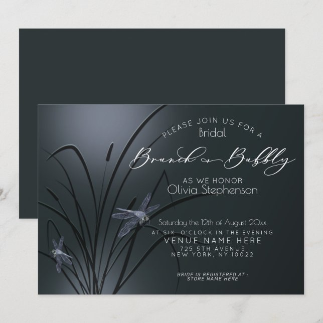 Brunch och BubLY Dusty Blue Dragonfly Inbjudningar (Fram/baksida)