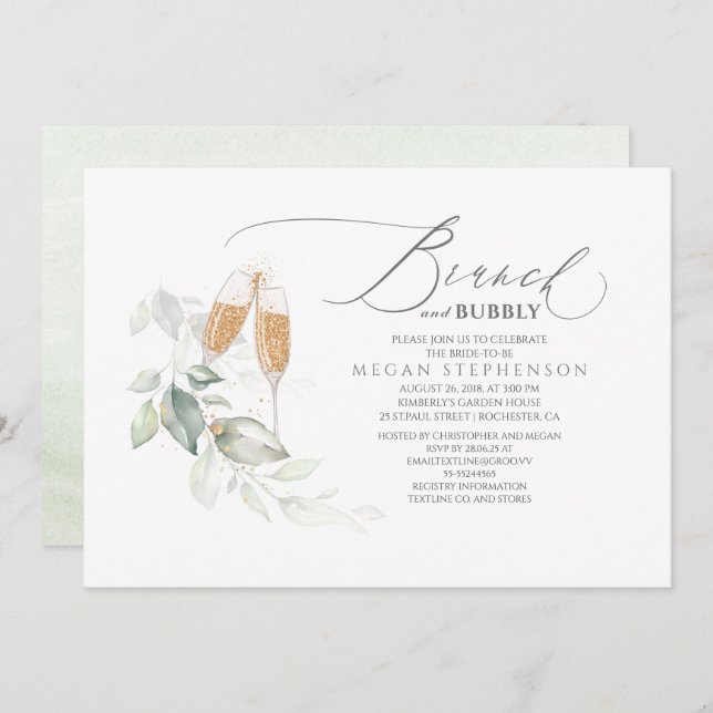 Brunch och Bubly Elegant Greenery Möhippa Inbjudningar (Fram/baksida)