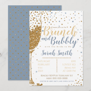 Brunch och Bubly guld glitter_dusty Blue Inbjudningar