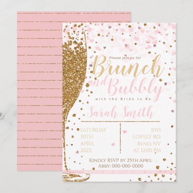 Brunch och Bubly guld glitter stripe backgr Inbjudningar (Fram/baksida)