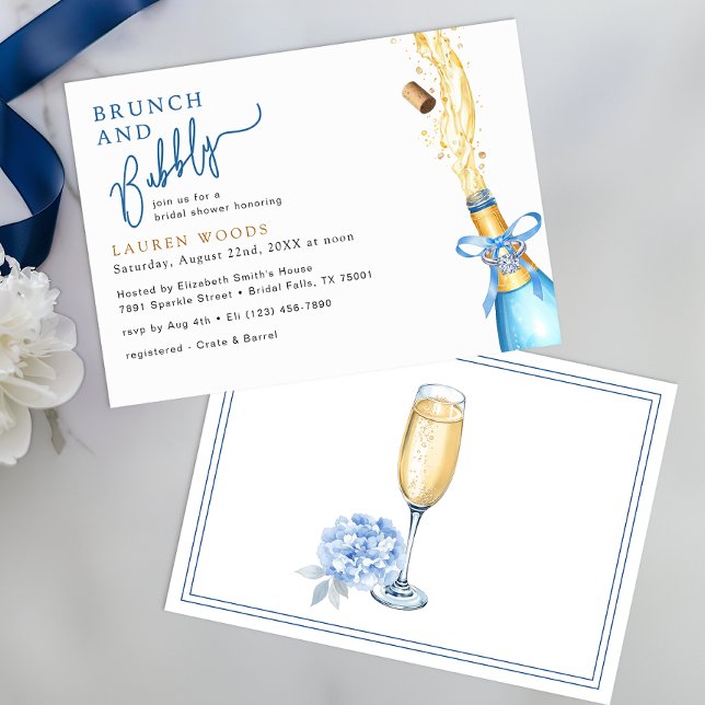 Brunch och Bubly Möhippa Blue Champagne Pop Inbjudningar (Bridal Brunch Invite)