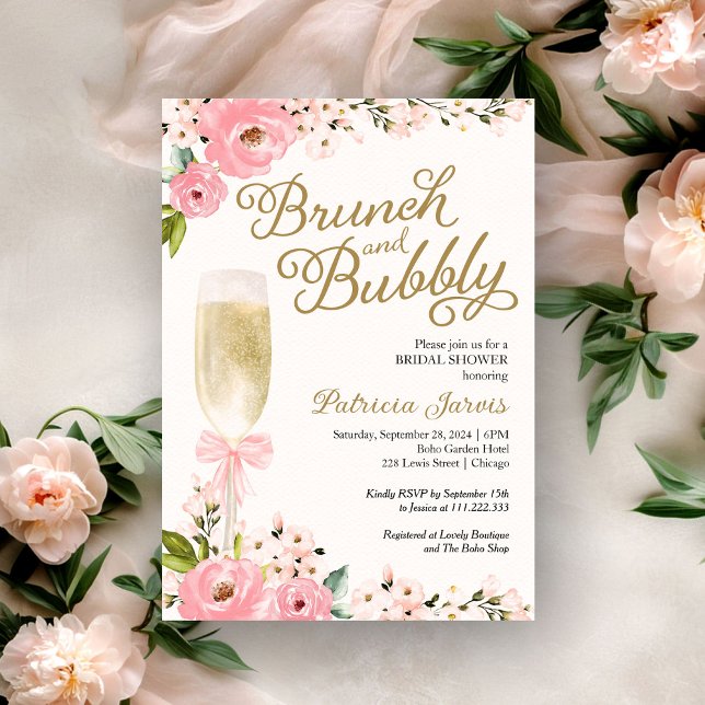 Brunch och Bubly Möhippa Guld Rosa Blommigt Inbjudningar (Skapare uppladdad)