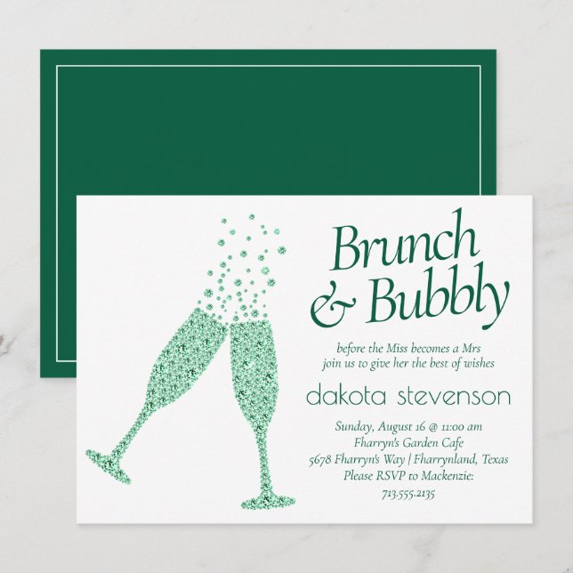 Brunch och Bubly | Öga-Grönt Champagne Inbjudningar (Fram/baksida)