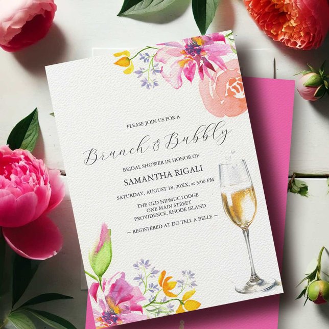 Brunch och Bubly Rosa Inbjudningskort för möhippa (pink bridal shower invitations brunch and bubbly by small business owner do tell a belle)