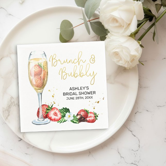 Brunch och Bubly Strawberry och Champagne Shower Pappersservett (Brunch & Bubbly Bridal Shower cocktail napkins with Champagne and Strawberries )