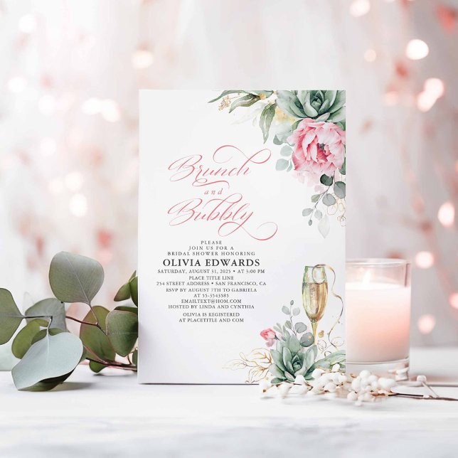 Brunch och Bubly Succulents Rosa Möhippa Inbjudningar (Brunch and Bubbly Succulents and Pink Flowers Bridal Shower Invitations)