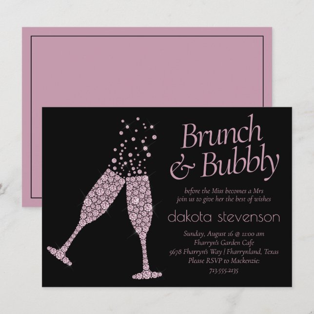 Brunch och Bubly | Svartvit och flerårig Rosa Inbjudningar (Fram/baksida)