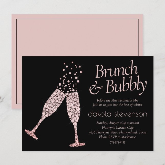 Brunch och Bubly | Svartvit och  Rosa Shower Inbjudningar (Fram/baksida)