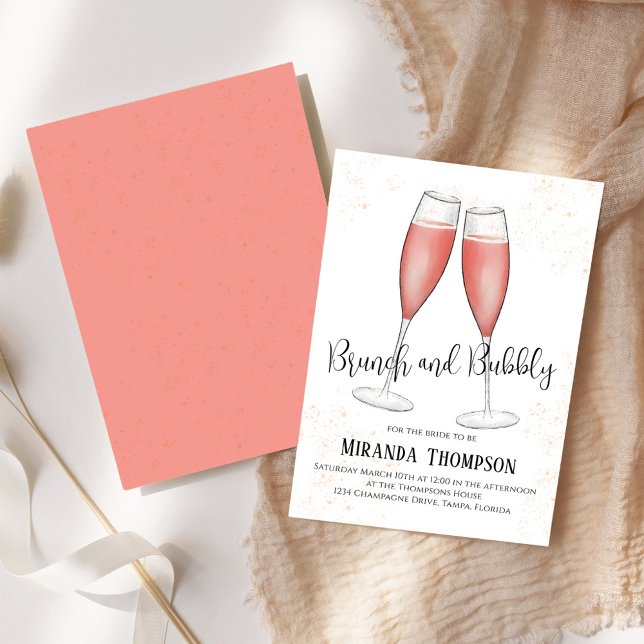 Brunch och Bubly Watercolor Rosa Möhippa Inbjudningar (Brunch and bubbly bridal shower invitation with pink champagne. )