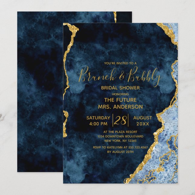 Brunch och Möhippa av bubblor i marinblå guld Inbjudningar (Fram/baksida)