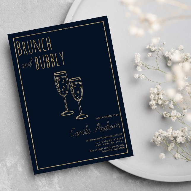 Brunch och Möhippa av Bubly Blue Guld Inbjudningar (Navy Blue Gold Brunch and Bubbly Bridal Shower)