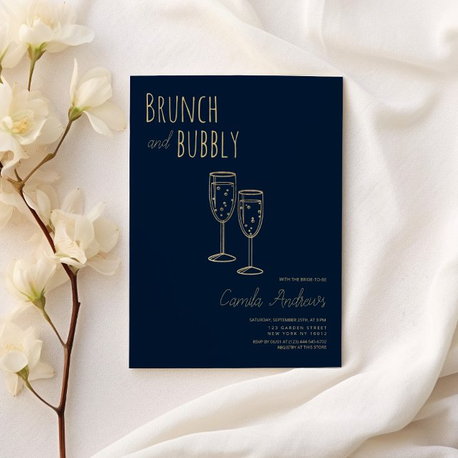 Brunch och Möhippa av ubly Guld Inbjudningar (Navy Blue Gold Brunch And Bubbly Bridal Shower)