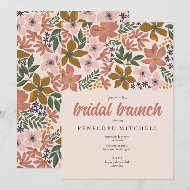 Brunch Shower för blommigt Möhippa Inbjudningar (Fram/baksida)