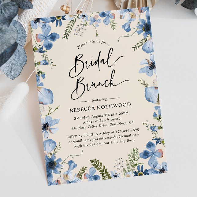 Brunch Shower för Modern Boho Dusty Blue Blommigt  Inbjudningar (Skapare uppladdad)