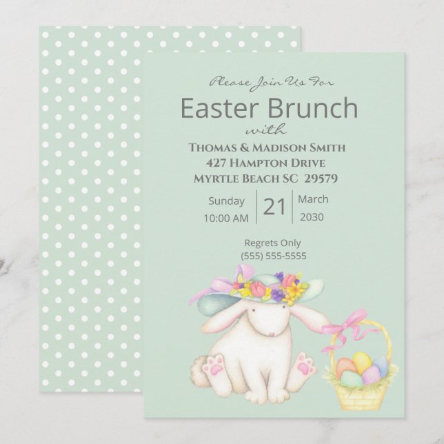 Brunchinbjudan till Cute Grönt Påsk Bunny Basket Inbjudningar (Fram/baksida)
