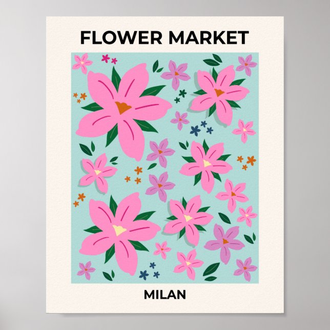 Brundmarknaden Milanos Rosa och turkos Blommigt Poster (Framsidan)