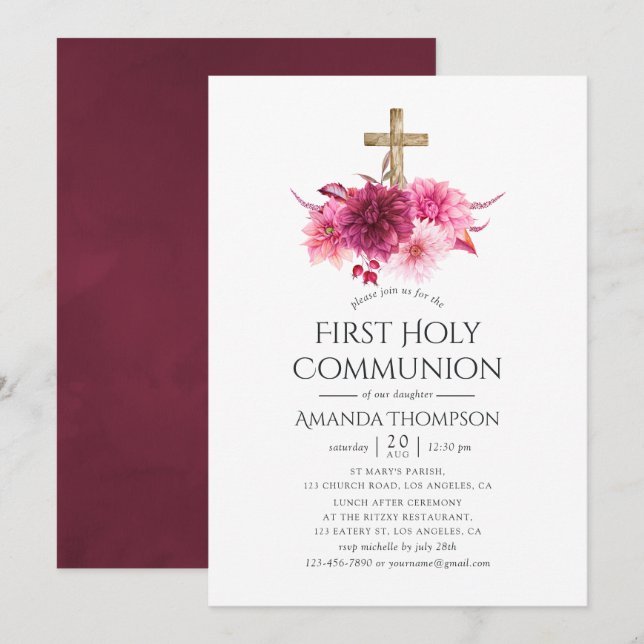 Brundy och  Blommigt Första Heligan Kommunision Inbjudningar (Fram/baksida)