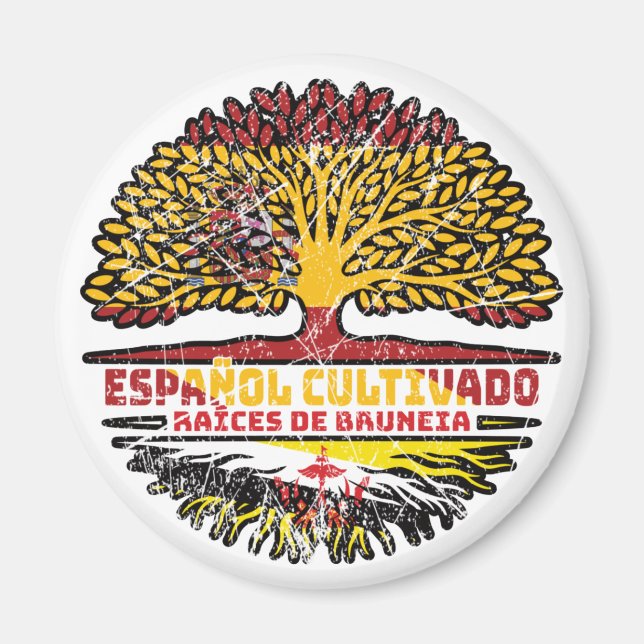 Brunei Bruneian Spanska Spanien Träd Rötter Flagga Magnet (Framsidan)