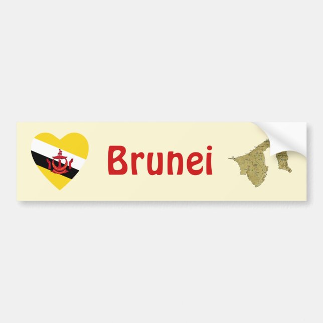 Brunei Flagga Hjärta + Karta Bildäckslapp Bildekal (Framsidan)