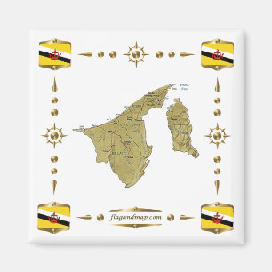 Brunei Karta + Flaggor Magnet