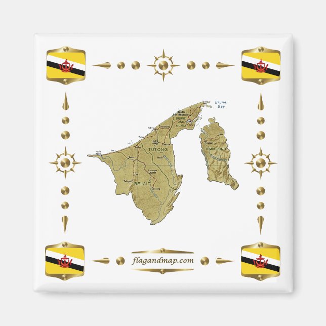 Brunei Karta + Flaggor Magnet (Framsidan)
