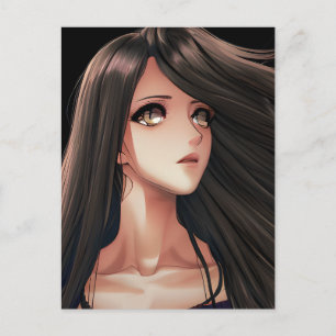 Brunett Anime Tjej Med Bruna Ögon Jag Saknar Dig Vykort
