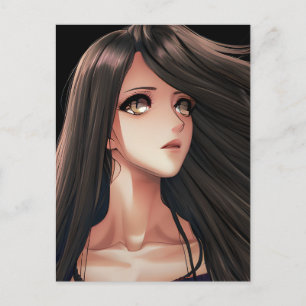 Brunett Animeflicka med Bruna Ögon på Födelsedag Vykort